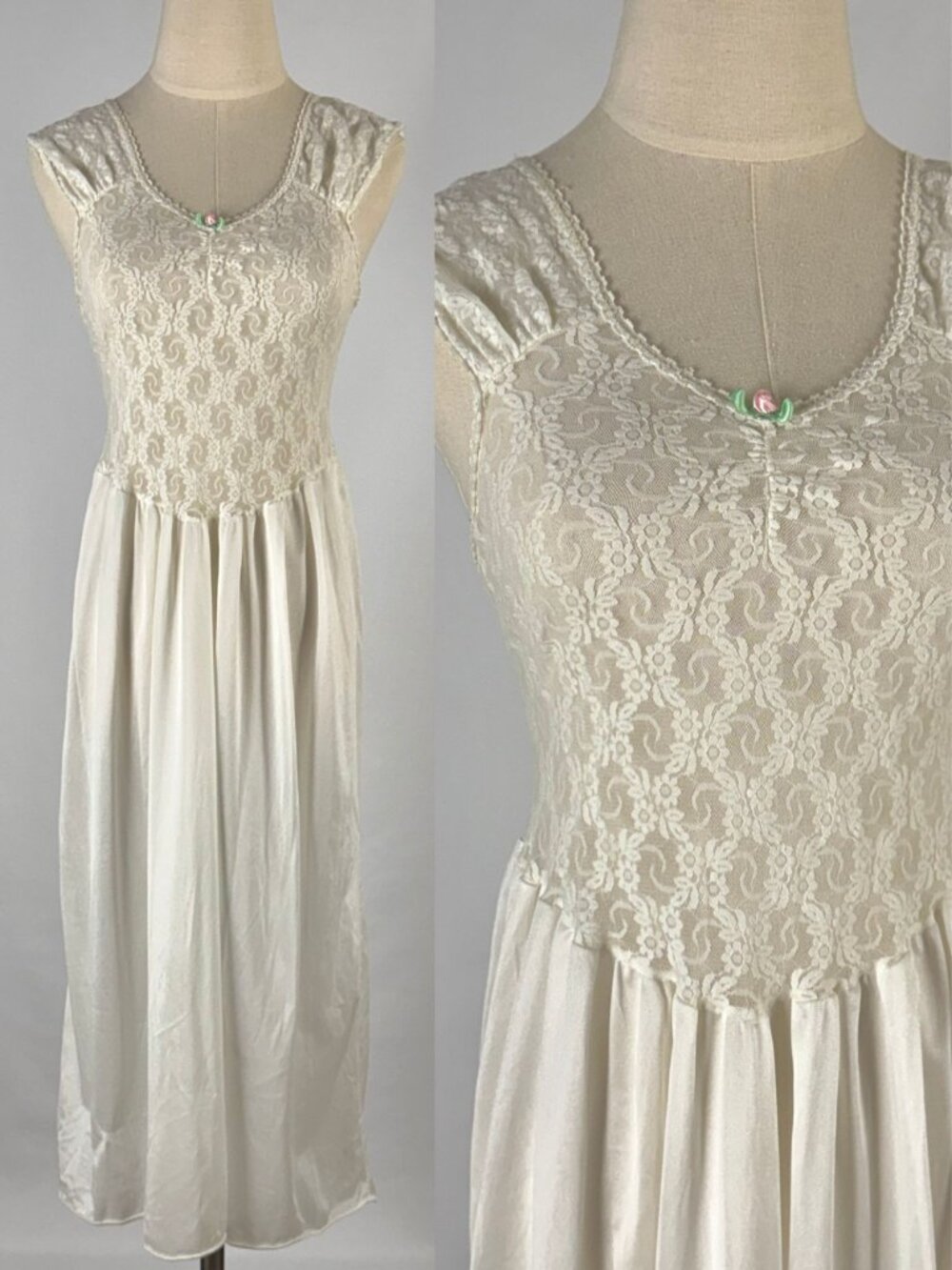 Vtg Gloria Venderbilt Ivory Lace Bodice Nylon Slip Dress Nightgown Rosette